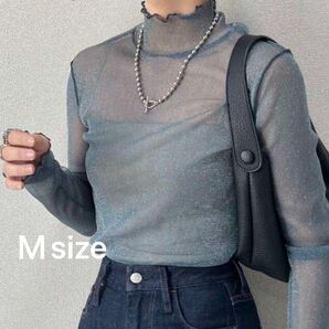 メッシュ フリルネック シアーラメ 長袖 シースルー グリーン Msize 長袖カットソー 長袖トップス