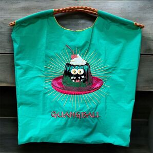 カラフルゼリー 刺繍 模様 エコバッグ トートバッグ グリーン系 Msize