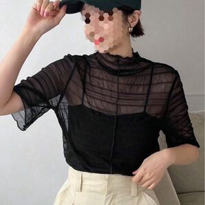 シースルーシャツ スタンドカラー半袖 レイヤードトップス ブラック Lsize