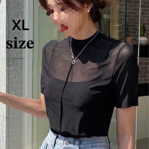 透け感!!モックネック シアーメッシュトップ トップス 半袖 Tシャツ 黒 XL