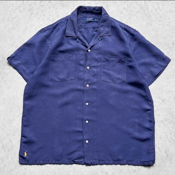 現行 Polo Ralph Lauren ポロラルフローレン 刺繍ロゴ シルクリネン 開襟シャツ オープンカラーシャツ