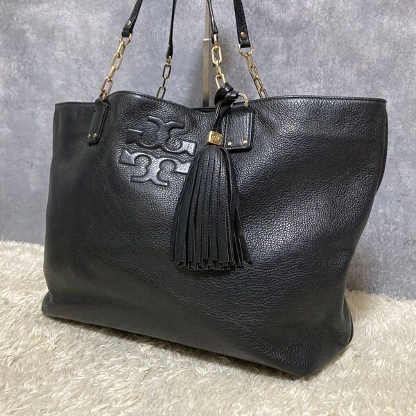 【美品】トリーバーチ トートバッグ テア レザー ブラック A4収納可 ビジネス 肩掛け ハンドバッグ タッセル ショルダーバッグ