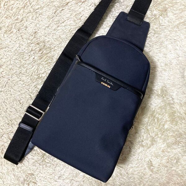 【極美品】Paul Smith ポールスミス ボディバッグ レザー ナイロン ネイビー ストライプ ショルダーバッグ