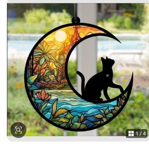 サンキャッチャー インテリア 壁掛け飾り ステンドグラス 黒猫