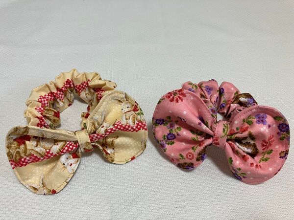 リボンシュシュ うさぎさん クリームイエロー ピンク ハンドメイド