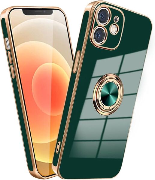 iPhone 12 ケース リング リング付き スマホケース 車載ホルダー ストラップホール付き ダークグリーン