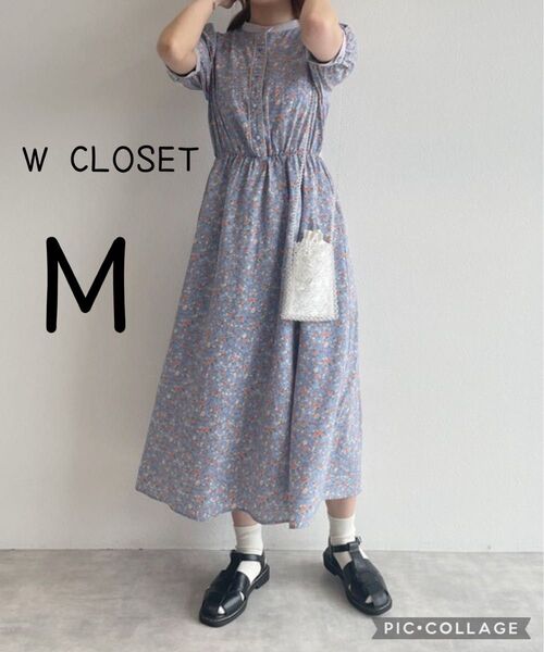 美品 wcloset Mサイズ 半袖柄パイピング ワンピース 花柄 Aライン