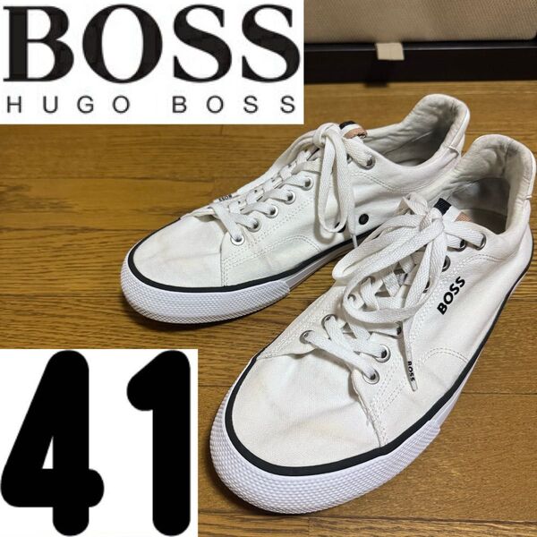 HUGO BOSS ヒューゴボス シグネチャーストライプ コットンキャンバス スニーカー メンズ 靴 26cm 26.5cm 白
