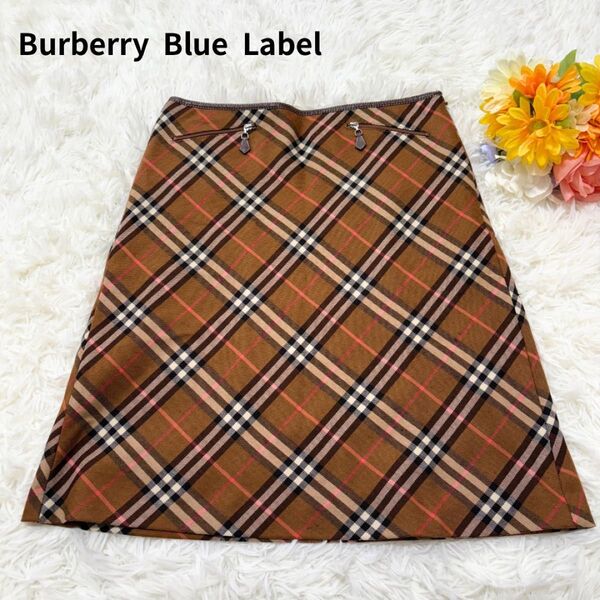 正規品 Burberry バーバリーブルーレーベル ノバチェック スカート ベルトデザイン 通年着用可 総柄 ブラウン