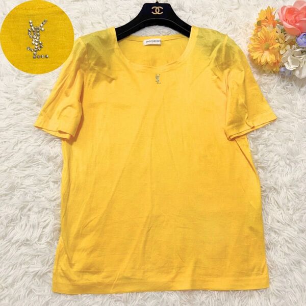 Yves saint Laurent イヴサンローラン tシャツ 半袖 ラインストーン ロゴ イエロー ビンテージ アーカイブ