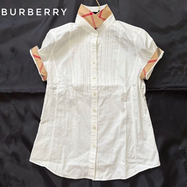 正規品 Burberry バーバリーロンドン シャツ ブラウス ノバチェック ロゴ刺繍 40 ピンタック 半袖 通勤通学