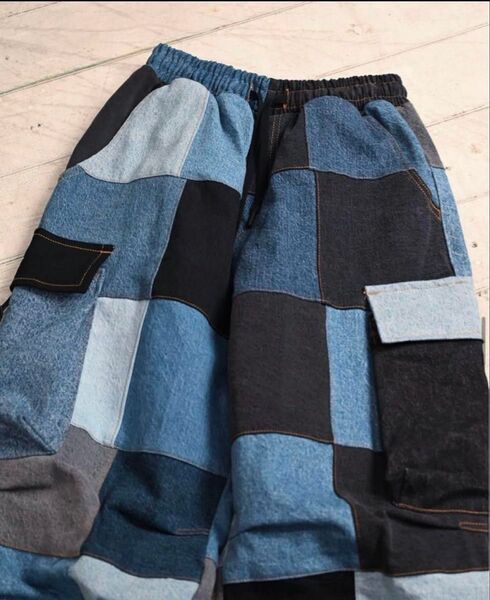 PATCHWORK DENIM CARGO PANTS イージーパンツ パッチワーク デニム ウエストゴム カーゴパンツ