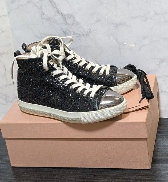 miumiu グリッター ブラックラメハイカットスニーカー 23cm相当 箱 商品カード 替え紐付き