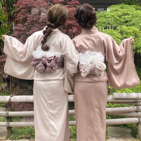 大人上品♪サテン浴衣セット アイボリー◆兵児帯 くすみピンク 無地 夏着物
