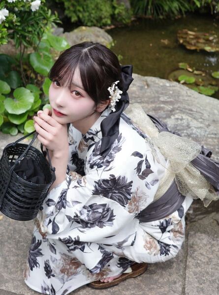 水彩フラワー浴衣セット 兵児帯 ブラック グレー ホワイト からし色 大人花柄 和柄 菊