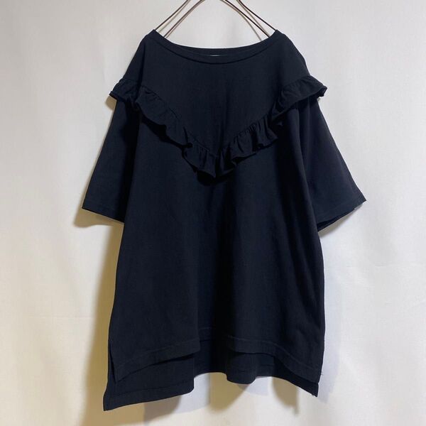 ◆GLOBAL WORK◆ フリル使い ラグランスリーブ 半袖Tシャツ ブラック フリーサイズ ゆったり