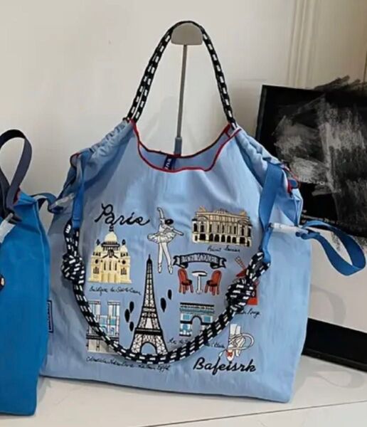ショルダー紐つき 大容量 軽量 トートバッグ エコバッグ 刺繍 ブルー 人気 夏 旅行 おしゃれ 買い物バッグ 通学