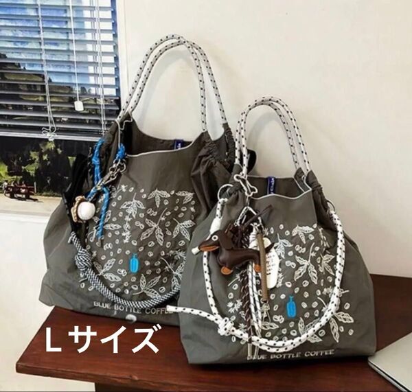Lサイズ 大サイズ ショルダー紐つき 2WAY トートバッグ ハンドバッグ ナイロン 刺繍 花柄 ブルーボトルコーヒー