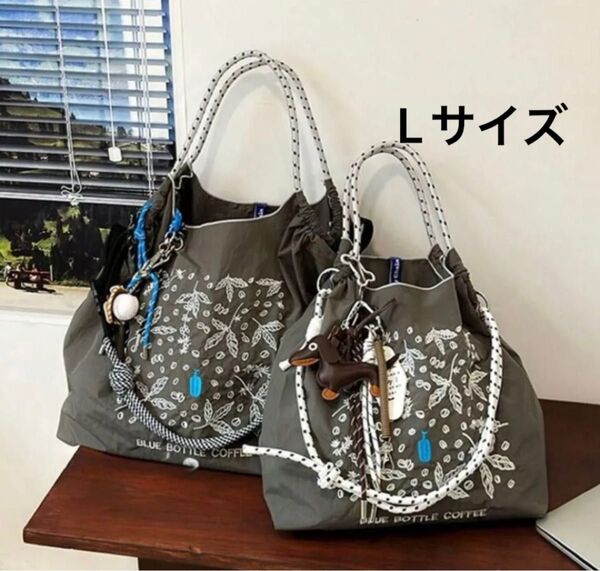 ショルダーベルトつき 2WAY 大容量 Lサイズ トートバッグ ハンドバッグ エコバッグ ブルーボトル 花柄 刺繍 人気 夏
