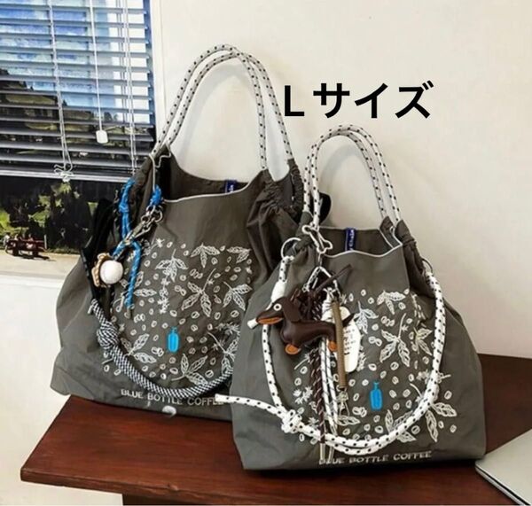 2WAY ショルダーベルトつき サイズ調整可能 Lサイズ 大容量 トートバッグ 人気 ブルーボトル ナイロン 花柄 刺繍
