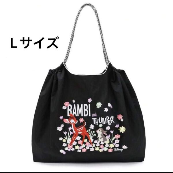 Lサイズ トートバッグ エコバッグ ナイロン ショルダーバッグ A4 撥水 大容量 韓国 通勤 通学 バンビ 刺繍 大きい