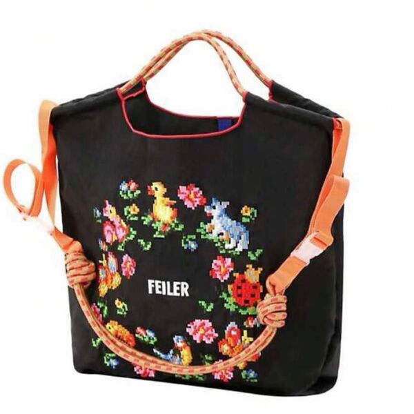 ショルダーベルト付 ボールアンドチェーン エコバッグ トートバッグ ブラック 刺繍 カラフル アヒル フェイラー 2WAY