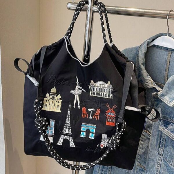 ショルダーベルトつき ストラップ付き エコバッグ トートバッグ 2WAY ブラック 肩掛け 黒 刺繍 カジュアル