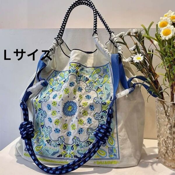 ショルダーベルト付 2WAY ナイロン ボールアンドチェーン トートバッグ エコバッグ 刺繍 大容量 L 大きいサイズ