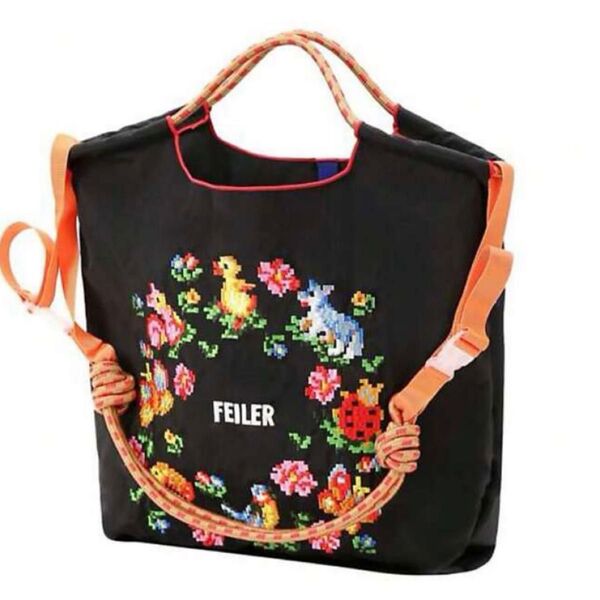 ショルダーベルト付 エコバッグ ボールアンドチェーン フェイラー 黒 トートバッグ 軽量 大容量 刺繍 あひる 花柄
