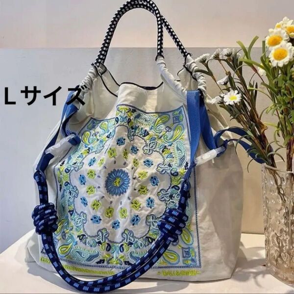 ショルダーベルト付 トートバッグ エコバッグ 刺繍 ボールアンドチェーン 大容量 刺繍 人気 可愛い ナイロン 軽量