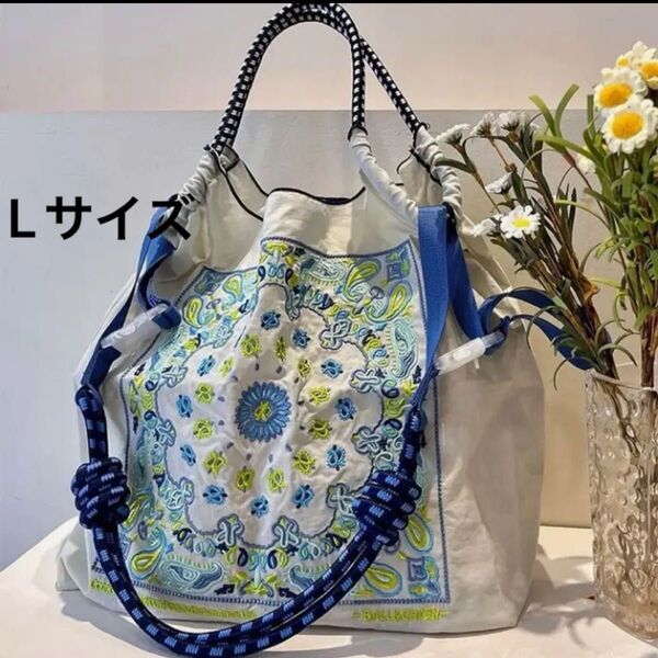 ショルダー紐つき 2way トートバッグ エコバッグ 花柄 軽量 刺繍 ペイズリー ダマスク柄 北欧 人気 ナイロン 大容量