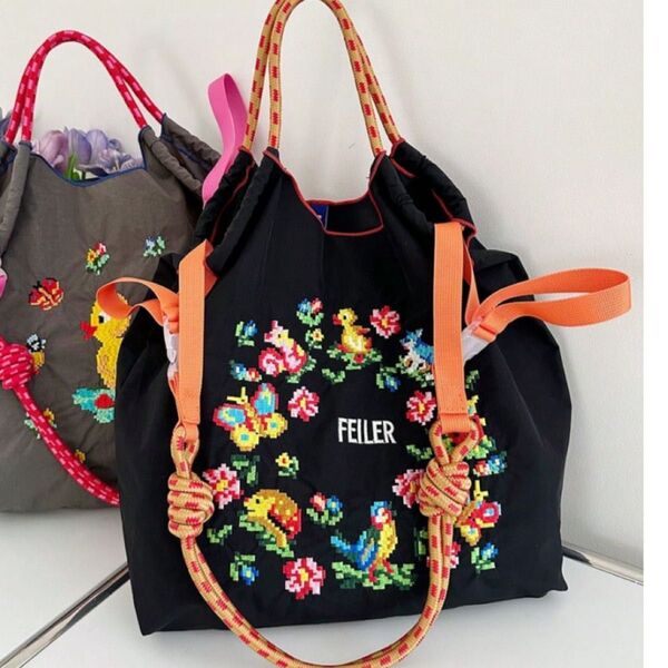 ショルダーベルト付 エコバッグ トートバッグ ボールアンドチェーン M 白 花柄刺繍 花柄 黒 アヒル