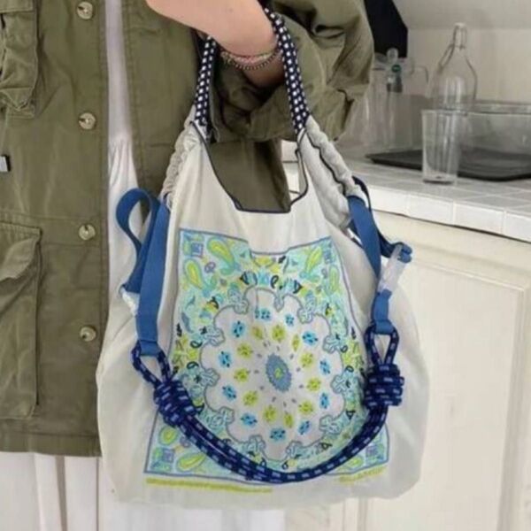 ショルダー紐つき 2WAY Mサイズ 可愛い ダマスク ペイズリー 花柄 刺繍 エコバッグ トートバッグ 夏 通学