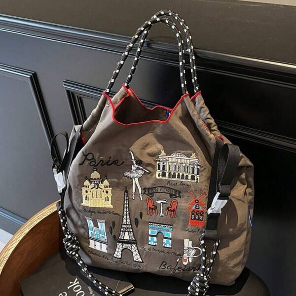 2WAY ショルダー紐つき ショルダーバッグ ハンドバッグ トートバッグ 鞄 グレー 人気 可愛い パリ エコバッグ 大容量