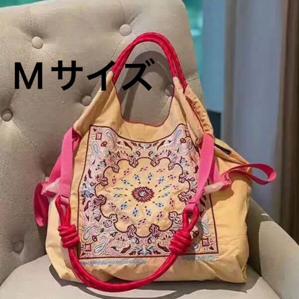 ショルダーベルト付 2WAY トートバッグ エコバッグ ハンドバッグ ショルダーバッグ 刺繍 ダマスク ペイズリー柄 花柄 可愛い