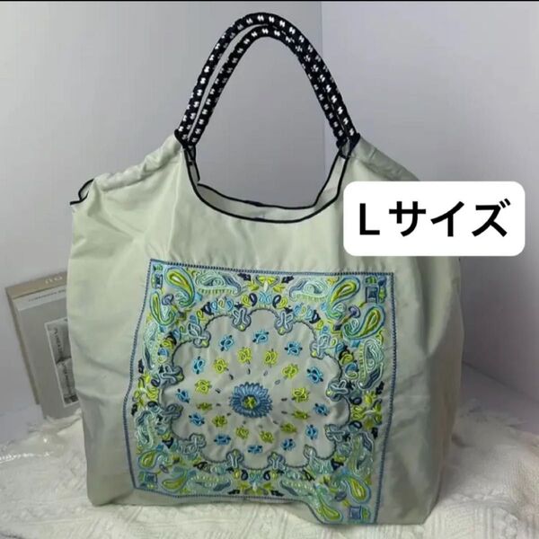 Lサイズ 花柄 刺繍 エコバッグ トートバッグ 大容量 刺繍バッグ ペイズリー ダマスク柄 人気 可愛い 夏 オシャレ
