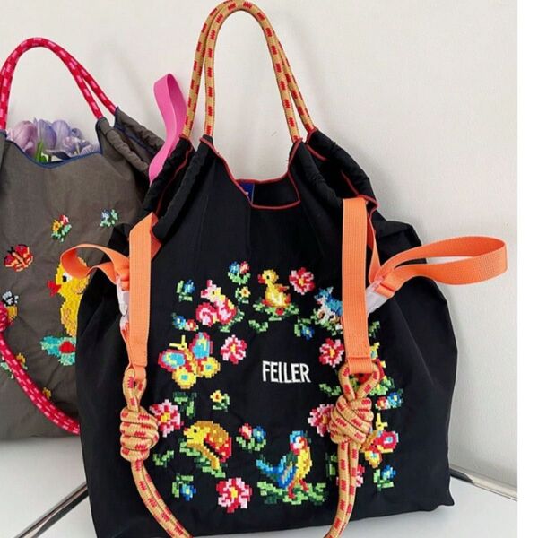 ショルダーベルトつき 2WAY エコバッグ トートバッグ M アヒル 花柄 刺繍 大容量 人気 夏 軽量 軽い 鞄 バック