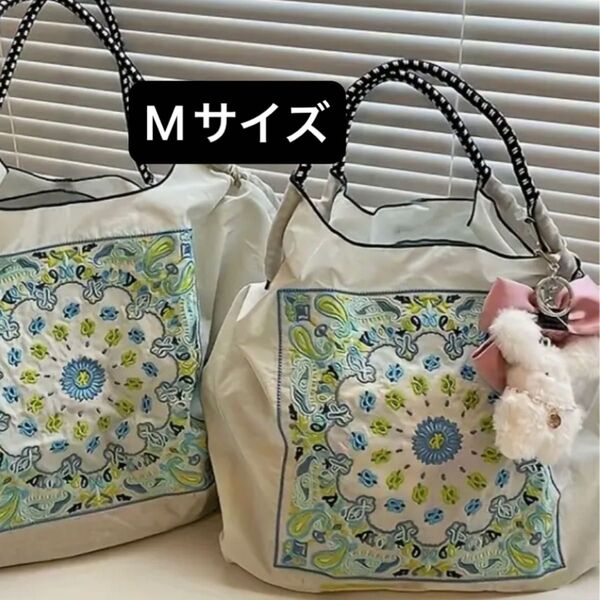 ペイズリー柄 刺繍 Mサイズ エコバッグ 大容量 ナイロン 肩掛け 軽量 花柄 トートバッグ 夏 鞄