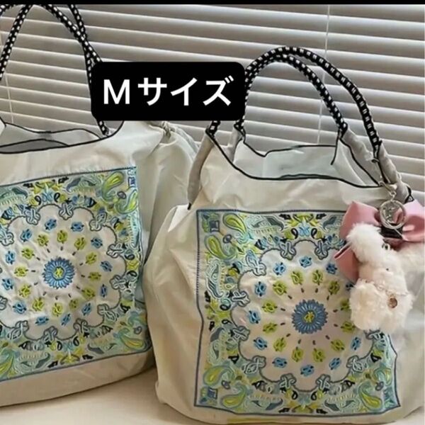 ペイズリー柄 刺繍 Mサイズ エコバッグ 大容量 ナイロン 肩掛け 軽量 花柄 トートバッグ 夏 鞄