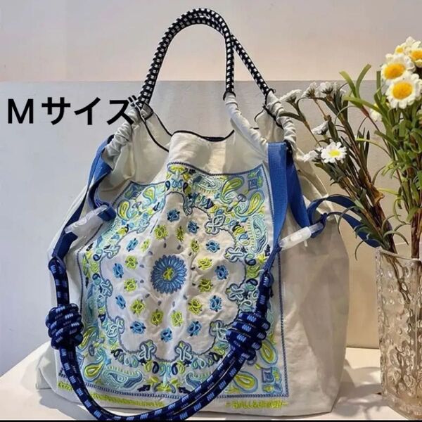ショルダーベルトつき 2WAY ボールアンドチェーン トートバッグ エコバッグ 刺繍 エコバック ダマスク 花柄 夏 まま