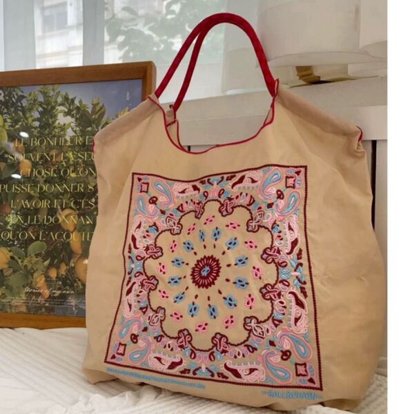 トートバッグ エコバッグ ナイロン 刺繍 花柄 ペイズリー ダマスク柄 Mサイズ 人気 可愛い オシャレ