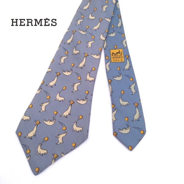 HERMES エルメス ネクタイ アザラシ柄 シルク100% 動物 総柄