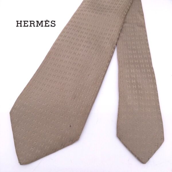 HERMES エルメス ネクタイ H柄 ベージュ系 シルク100% メンズ