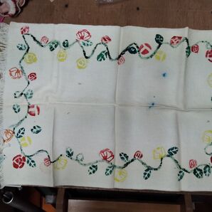 昭和ハンドメイド ランチョンマット バラ模様 フリンジ 生成り