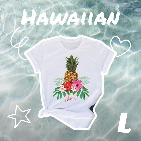 【アロハ】1574 パイナップル ロゴ Tシャツ L ハワイアン フラダンス 水着 おしゃれ