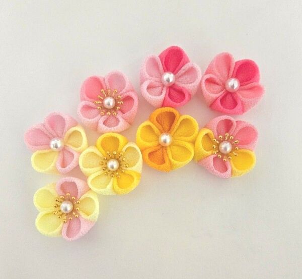 【A-9】お花詰め合わせ ピンク系 イエロー系 ちりめん細工 つまみ細工 ハンドメイド 髪飾り