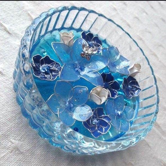 ハンドメイド ディップアートフラワー 花手水 生け花 ガラス 飾り皿 置物 青系