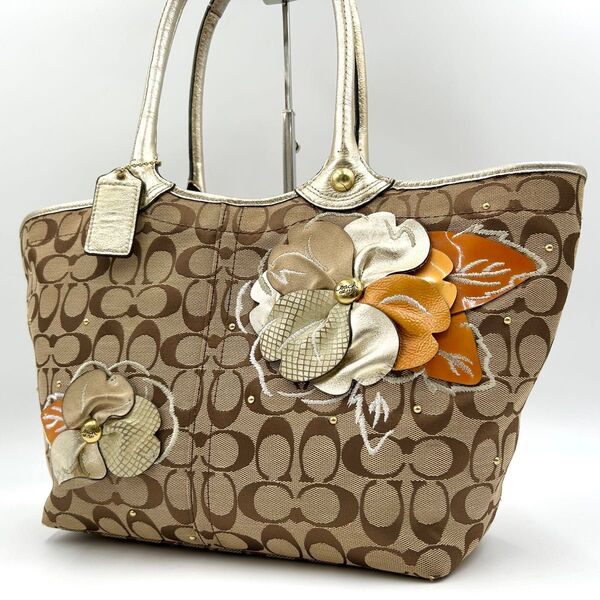 COACH コーチ トートバッグ A4◎ フラワー 肩掛け キャンバス レザー シグネチャー ショルダー ハンド 花 F16276