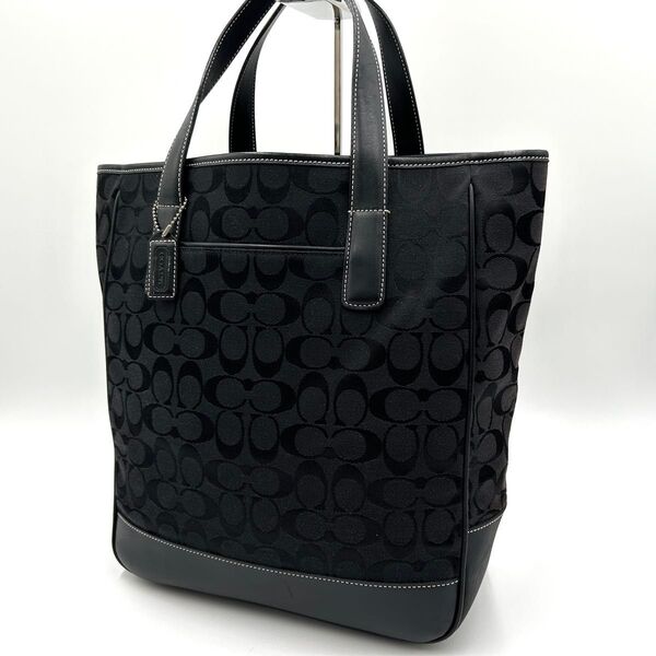 美品 コーチ COACH トートバッグ ハンド シグネチャー レザー キャンバス A4可 ブラック 黒 ビジネス 6093