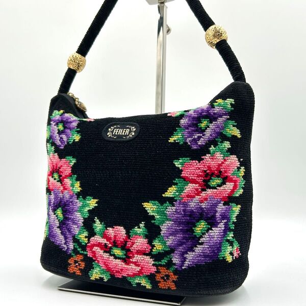 極美品 フェイラー FEILER アクセサリーポーチ ハンドバッグ 肩掛け 花柄 ブラック 黒 花柄 フラワー